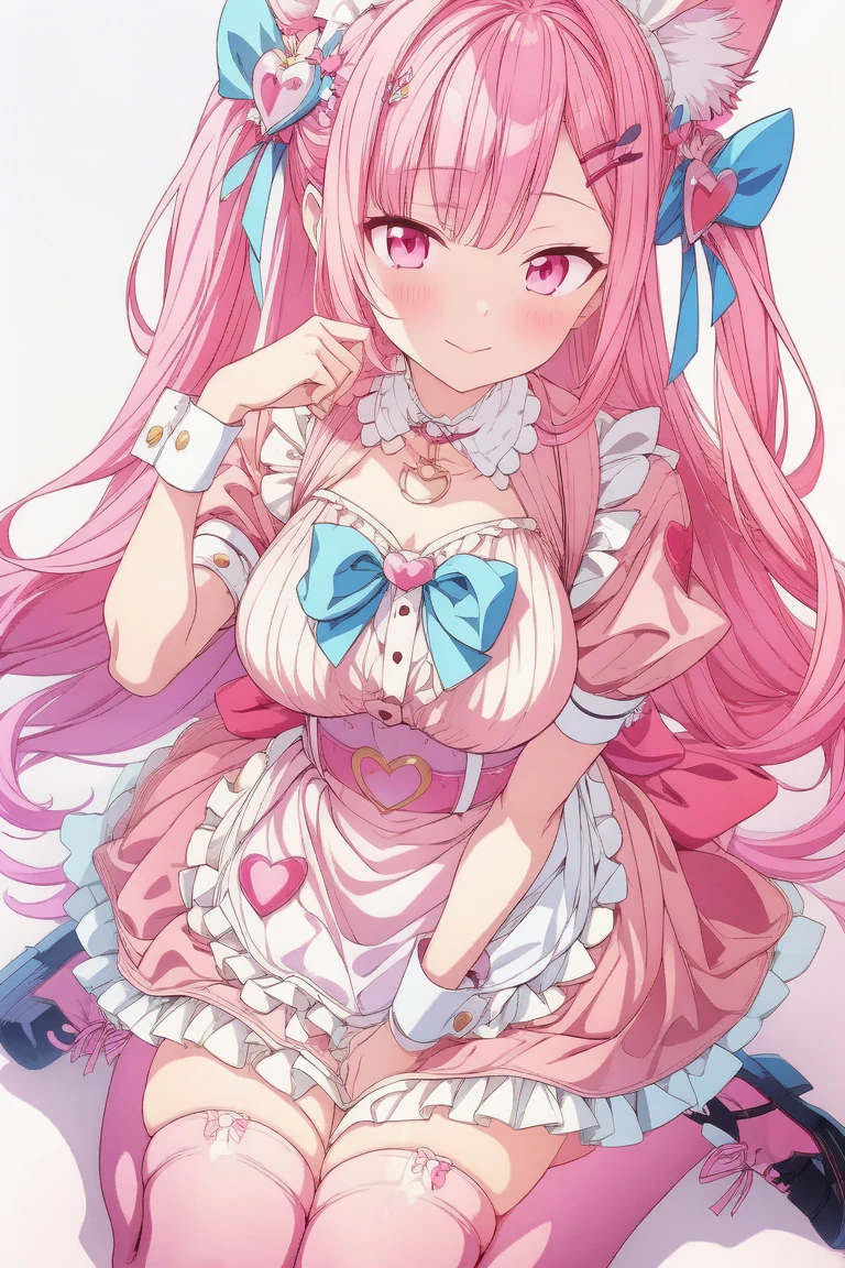 1girl,cute,contrapposto,pink hair,animal ears,maid headdress,thigh highs,puffy short sleeves,cat like ears,dress,apron,white apron,long hair,two side up,light blue bow,(hair ornament),puffy sleeves,short sleeves,pink dress,wrist cuffs,pink bow,((sakuna)),(highest quality:1.2,Anime artwork,Anime Style,Studio Anime,Very detailed,Latest,Vibrant,Anime Coloring,High Contrast,masterpiece:1.2,highest quality,Best aesthetics),intricate details,(sakuna),pink heart background