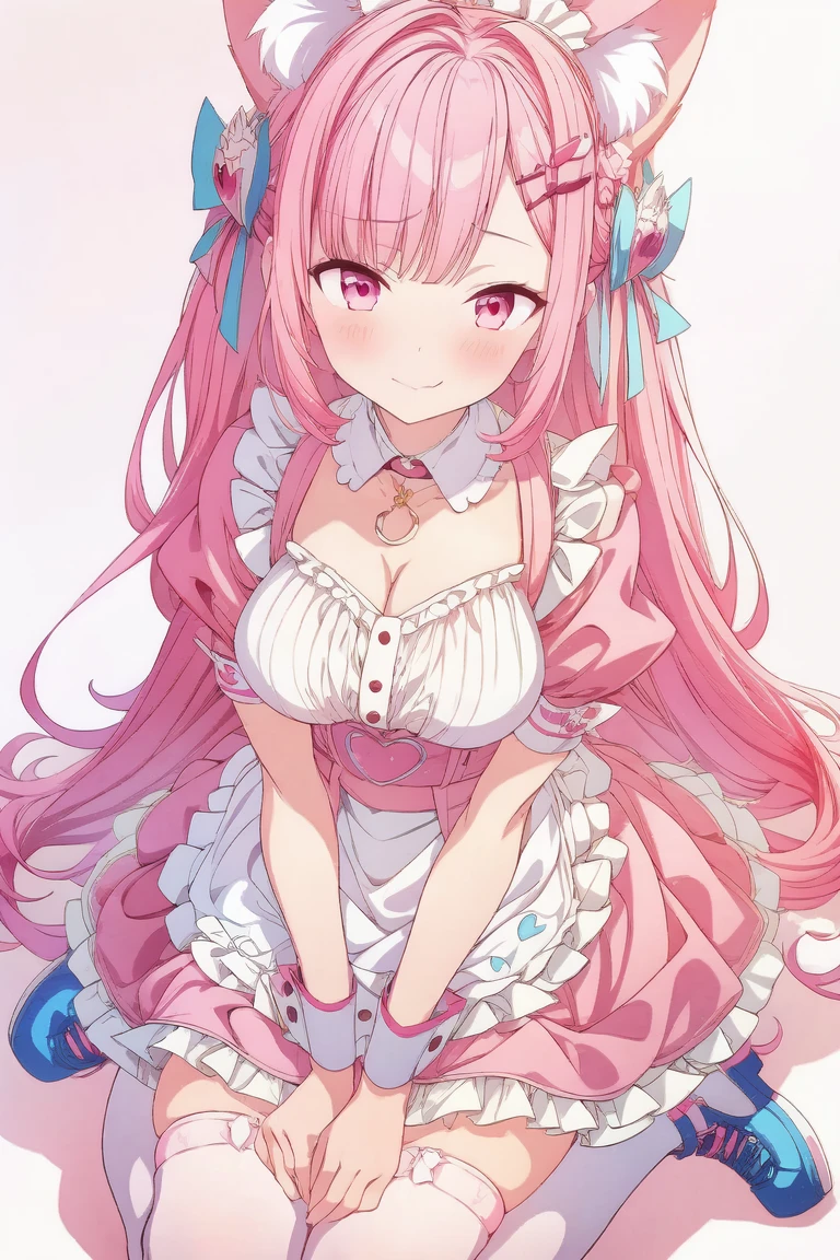 1girl,cute,contrapposto,pink hair,animal ears,maid headdress,thigh highs,puffy short sleeves,cat like ears,dress,apron,white apron,long hair,two side up,light blue bow,(hair ornament),puffy sleeves,short sleeves,pink dress,wrist cuffs,pink bow,((sakuna)),(highest quality:1.2,Anime artwork,Anime Style,Studio Anime,Very detailed,Latest,Vibrant,Anime Coloring,High Contrast,masterpiece:1.2,highest quality,Best aesthetics),intricate details,(sakuna),pink heart background