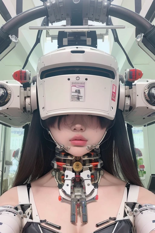 masterpiece, best quality, extremely detailed,portrait,upper body,front view,Japaese android girl,Plump, control panels,android,Droid,Mechanical Hand, Robot arms and legs,Blunt bangs,long tube,thick cable connected her neck,