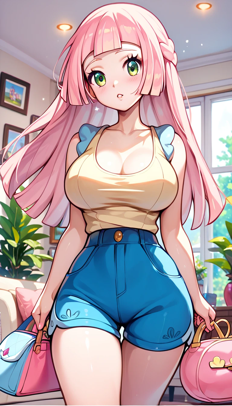 masterpiece, best quality, highly dramatic picture, beautiful eyes, cinematic lens effect, big beautifully shaped breasts,  ((Busty Bitches)), 1lillie , ecchi girl, blue shorts, yellow singlet, pink hair, handbag, in the living room , Dutch angle 