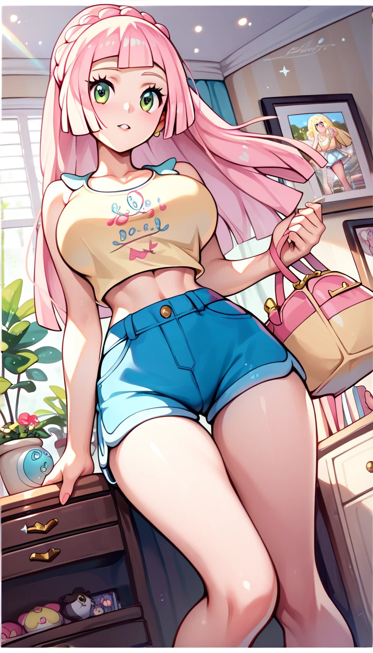 masterpiece, best quality, highly dramatic picture, beautiful eyes, cinematic lens effect, big beautifully shaped breasts,  ((Busty Bitches)), 1lillie , ecchi girl, blue shorts, yellow singlet, pink hair, handbag, in the living room , Dutch angle 