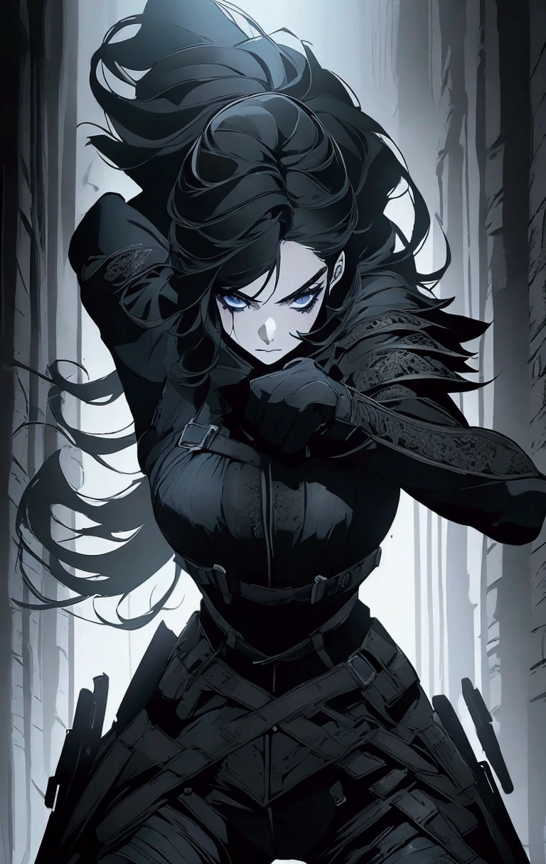 The image depicts a female character with long black hair, wearing a dark-colored tight-fitting top and a tactical vest or harness. The background features a bright blue light, giving the scene a dramatic and dynamic atmosphere. The character appears to have a strong, muscular build. The art style is indicative of an animated or illustrated format.