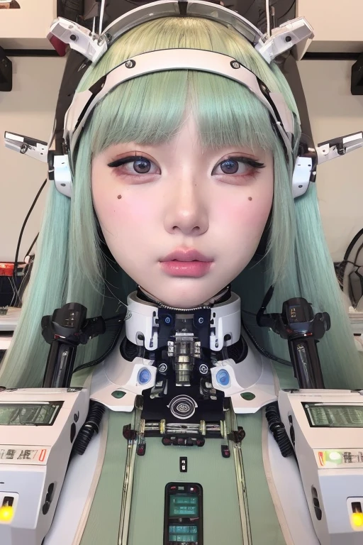 masterpiece, best quality, extremely detailed,portrait,upper body,front view,Japaese android girl,Plump, control panels,android,Droid,Mechanical Hand, Robot arms and legs,Blunt bangs,long tube,thick cable connected her neck,