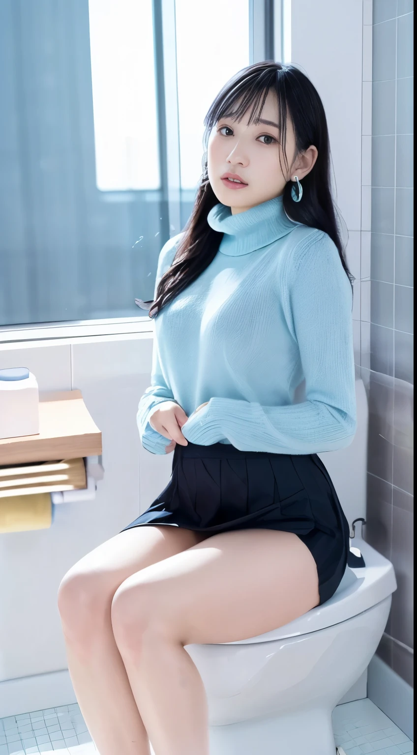 beautiful Japanese woman 、Colossal 、 Navy Turtleneck Sweater 、masterpiece best quality 高解像度 , (((( toilet room))))、 Short bangs 、((( ashamed)))、((Long Hair:1.1))、Earrings、((Delicate photo)),(Detailed RAW photos of girls ), (masterpiece:1.25), ( best quality:1.6), ( ultra high resolution:1.5), (Photographically:1.75), 8k resolution, Canon EOS R5 , 50mm , absurd, Ultra-detailed, cinematic lights 、Pants and skirt on legs:1.25、 sitting on toilet 、The lower half of the body is naked、 miniskirt、 panties wear 、(screw up_Yokono:1.3)