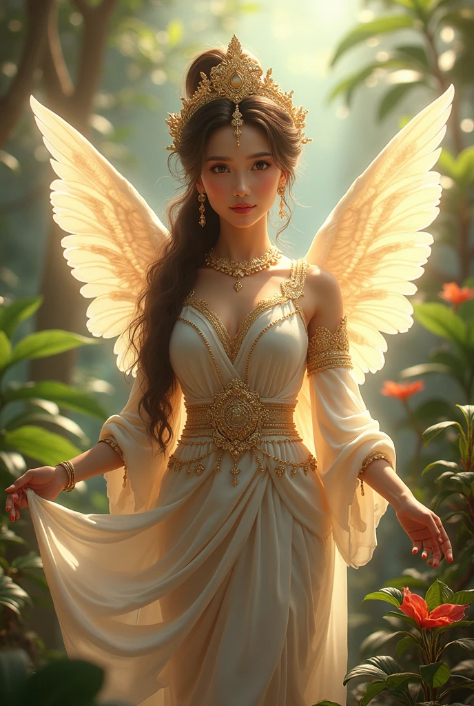 a beautiful angel woman, salwar kameez sexy e quente na selva, extremly detailed face and eyes, long eyelashes, shining skin, beautiful detailed lips, detailed hair, complex jewelry, detailed floral background, sunlight shining through the leaves, swirly vibrant colors, High quality 8K, cinematic lighting, fantasy art style, Nu photorealistic