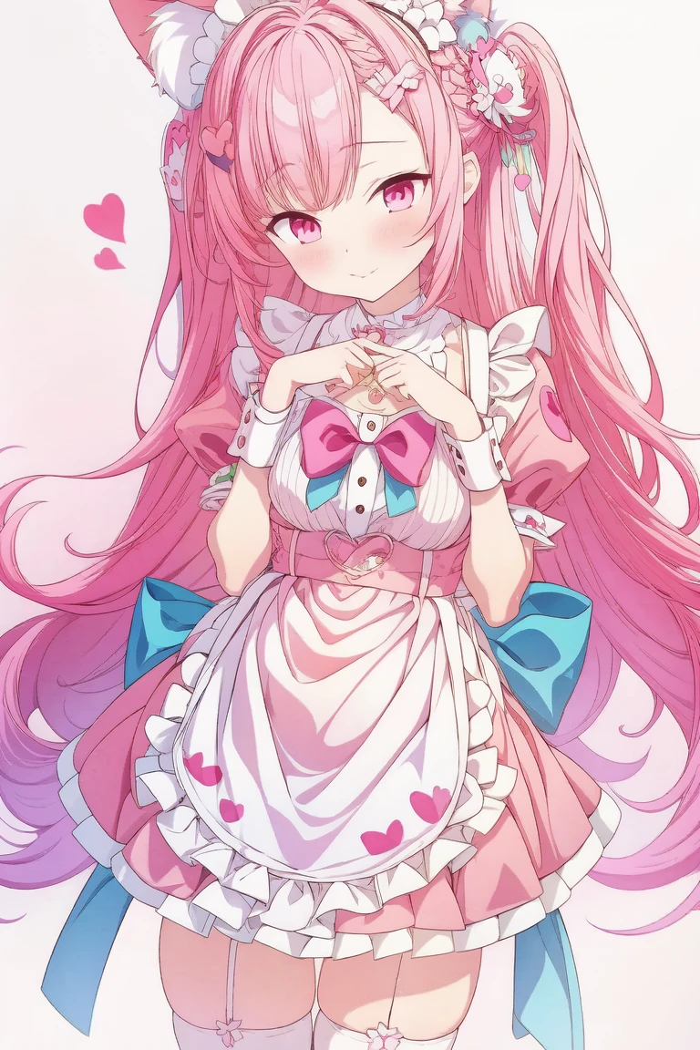 1girl,cute,contrapposto,pink hair,animal ears,maid headdress,thigh highs,puffy short sleeves,cat like ears,dress,apron,white apron,long hair,two side up,light blue bow,(hair ornament),puffy sleeves,short sleeves,pink dress,wrist cuffs,pink bow,((sakuna)),(highest quality:1.2,Anime artwork,Anime Style,Studio Anime,Very detailed,Latest,Vibrant,Anime Coloring,High Contrast,masterpiece:1.2,highest quality,Best aesthetics),intricate details,(sakuna),pink heart background