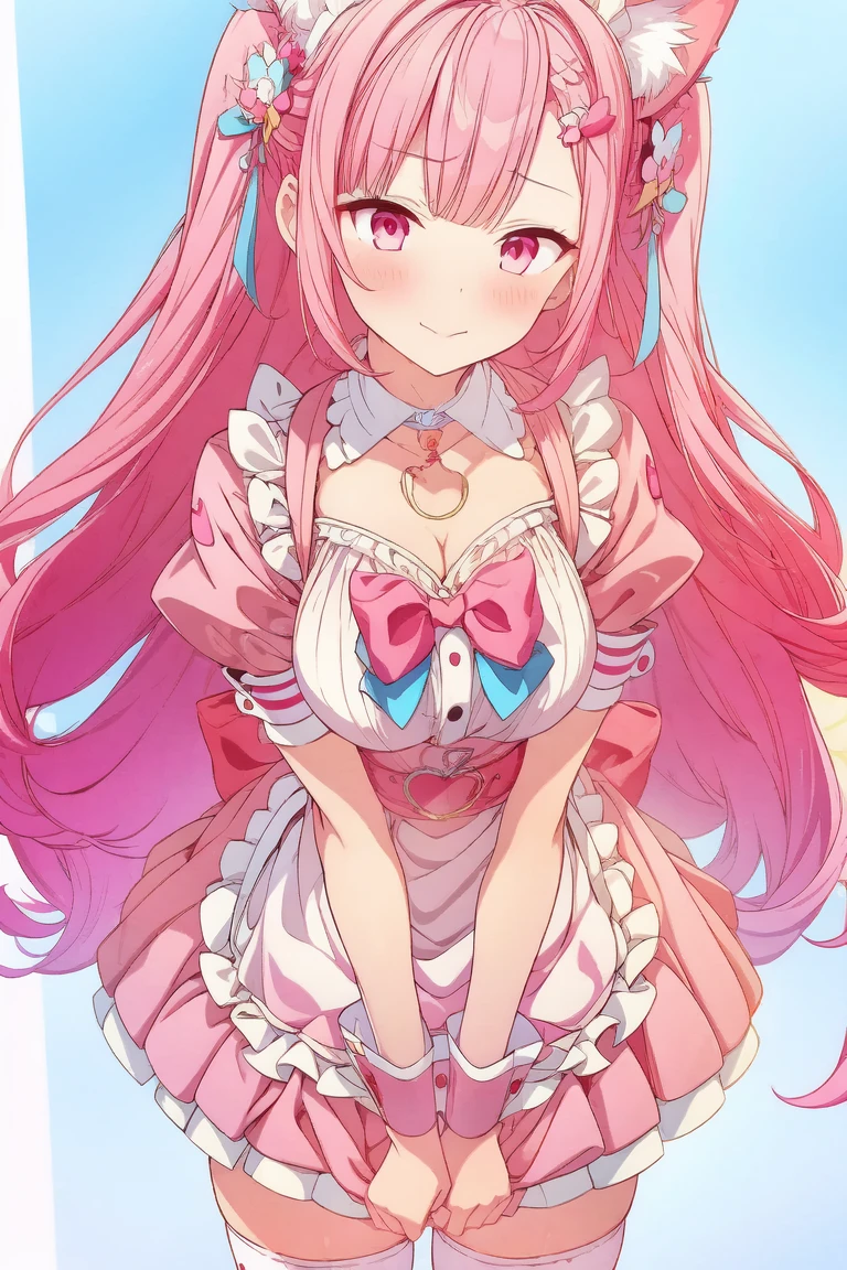 1girl,cute,contrapposto,pink hair,animal ears,maid headdress,thigh highs,puffy short sleeves,cat like ears,dress,apron,white apron,long hair,two side up,light blue bow,(hair ornament),puffy sleeves,short sleeves,pink dress,wrist cuffs,pink bow,((sakuna)),(highest quality:1.2,Anime artwork,Anime Style,Studio Anime,Very detailed,Latest,Vibrant,Anime Coloring,High Contrast,masterpiece:1.2,highest quality,Best aesthetics),intricate details,(sakuna),pink heart background