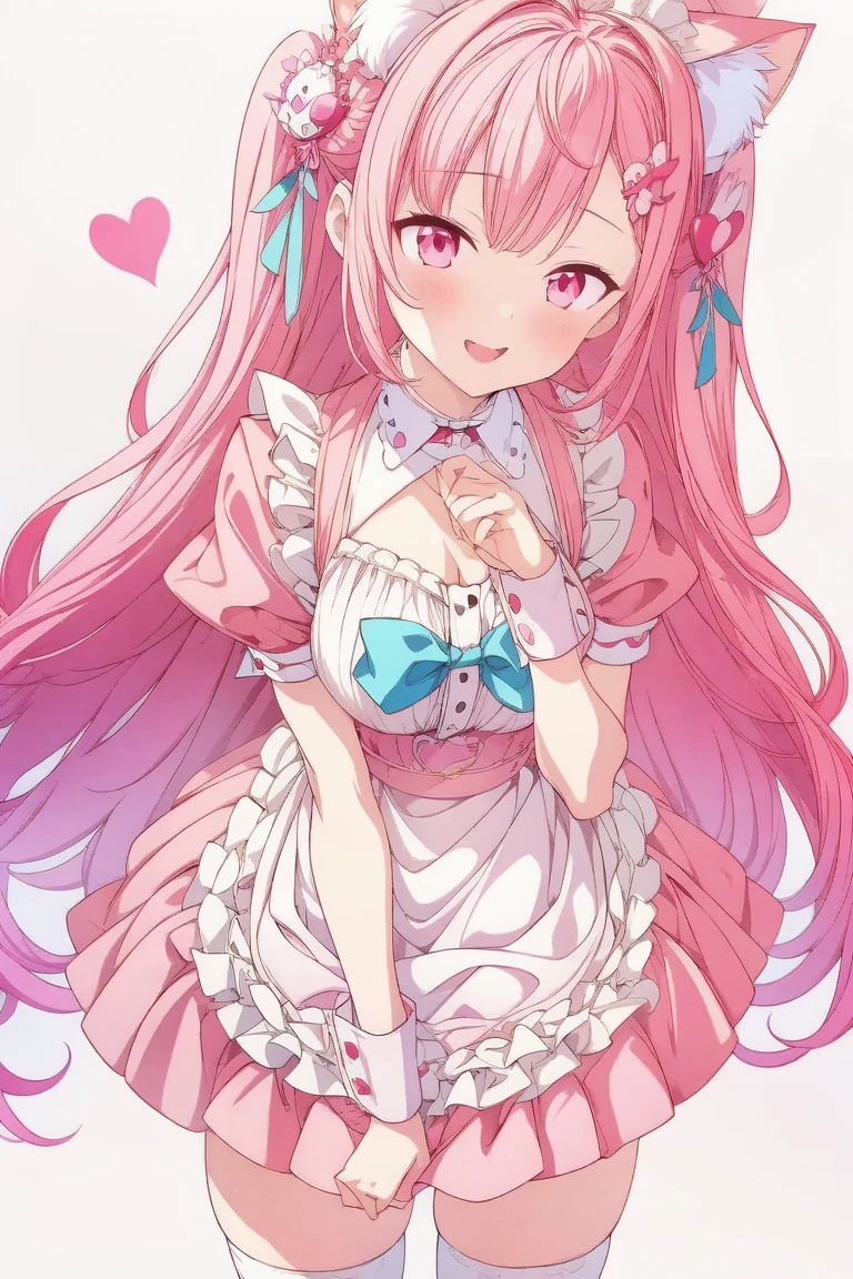 1girl,cute,contrapposto,pink hair,animal ears,maid headdress,thigh highs,puffy short sleeves,cat like ears,dress,apron,white apron,long hair,two side up,light blue bow,(hair ornament),puffy sleeves,short sleeves,pink dress,wrist cuffs,pink bow,((sakuna)),(highest quality:1.2,Anime artwork,Anime Style,Studio Anime,Very detailed,Latest,Vibrant,Anime Coloring,High Contrast,masterpiece:1.2,highest quality,Best aesthetics),intricate details,(sakuna),pink heart background