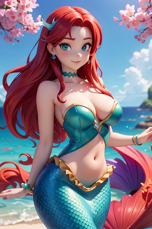 Masterpiece, full hd, high quality, super detail, woman, 30 years, perfect body, medium breasts, red lips, seductive smile, passionate look, blue eyes, orange hair, blue crio top, green skirt, tattu, 2d background, social media composition, seductive posture, from above