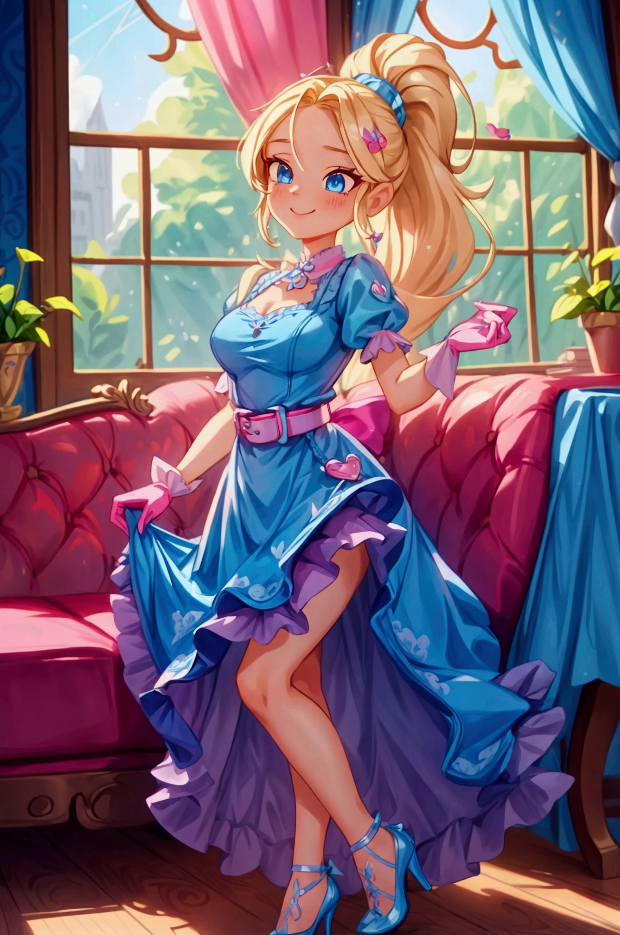 Masterpiece, best quality, 1 girl, 40 years, blonde long hair, ponytail in hair, blue eyes, standing indoors with intricate details and sunlight. Blue frilled dress with short neckline, pink gloves, pink belt, earrings, blue heels. Sexy smiling, sexy pose, coquette, beautiful long legs, mature girl, gorgeous body, pronounced breasts.