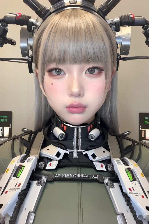 masterpiece, best quality, extremely detailed,portrait,upper body,front view,Japaese android girl,Plump, control panels,android,Droid,Mechanical Hand, Robot arms and legs,Blunt bangs,long tube,thick cable connected her neck,