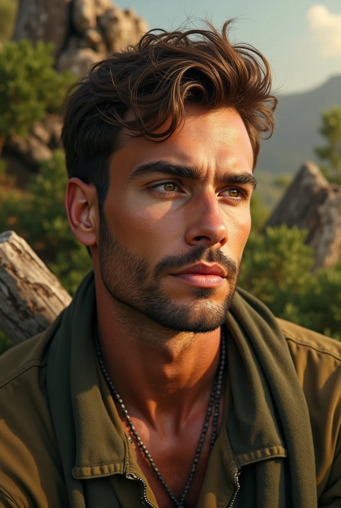 Sensual photo of a slim man with light brown unruly hair, he is on a slope in the favela , He is shirtless, sensual look at the camera, homem gay sensual , skin tanned, brawny , he has a recycling bag , picking up scrap in the hot sun , bag on the back , sweaty wet, melting from heat