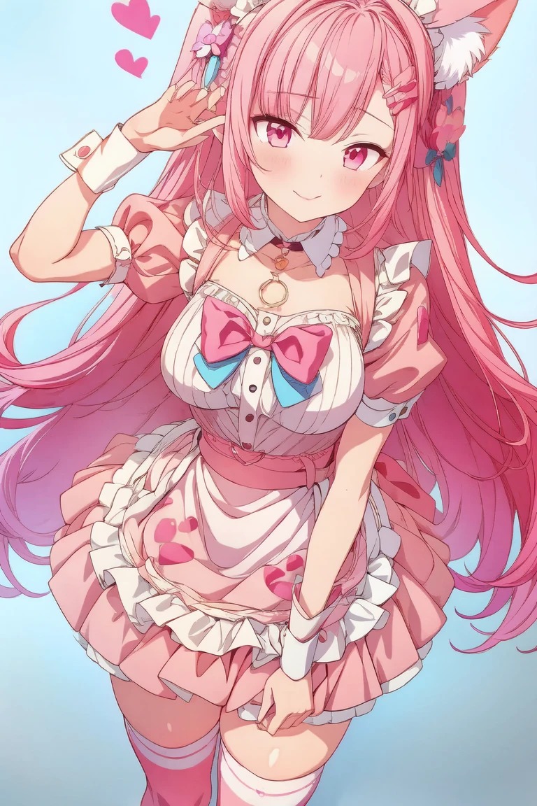 1girl,cute,contrapposto,pink hair,animal ears,maid headdress,thigh highs,puffy short sleeves,cat like ears,dress,apron,white apron,long hair,two side up,light blue bow,(hair ornament),puffy sleeves,short sleeves,pink dress,wrist cuffs,pink bow,((sakuna)),(highest quality:1.2,Anime artwork,Anime Style,Studio Anime,Very detailed,Latest,Vibrant,Anime Coloring,High Contrast,masterpiece:1.2,highest quality,Best aesthetics),intricate details,(sakuna),pink heart background