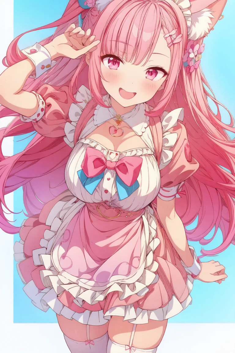 1girl,cute,contrapposto,pink hair,animal ears,maid headdress,thigh highs,puffy short sleeves,cat like ears,dress,apron,white apron,long hair,two side up,light blue bow,(hair ornament),puffy sleeves,short sleeves,pink dress,wrist cuffs,pink bow,((sakuna)),(highest quality:1.2,Anime artwork,Anime Style,Studio Anime,Very detailed,Latest,Vibrant,Anime Coloring,High Contrast,masterpiece:1.2,highest quality,Best aesthetics),intricate details,(sakuna),pink heart background