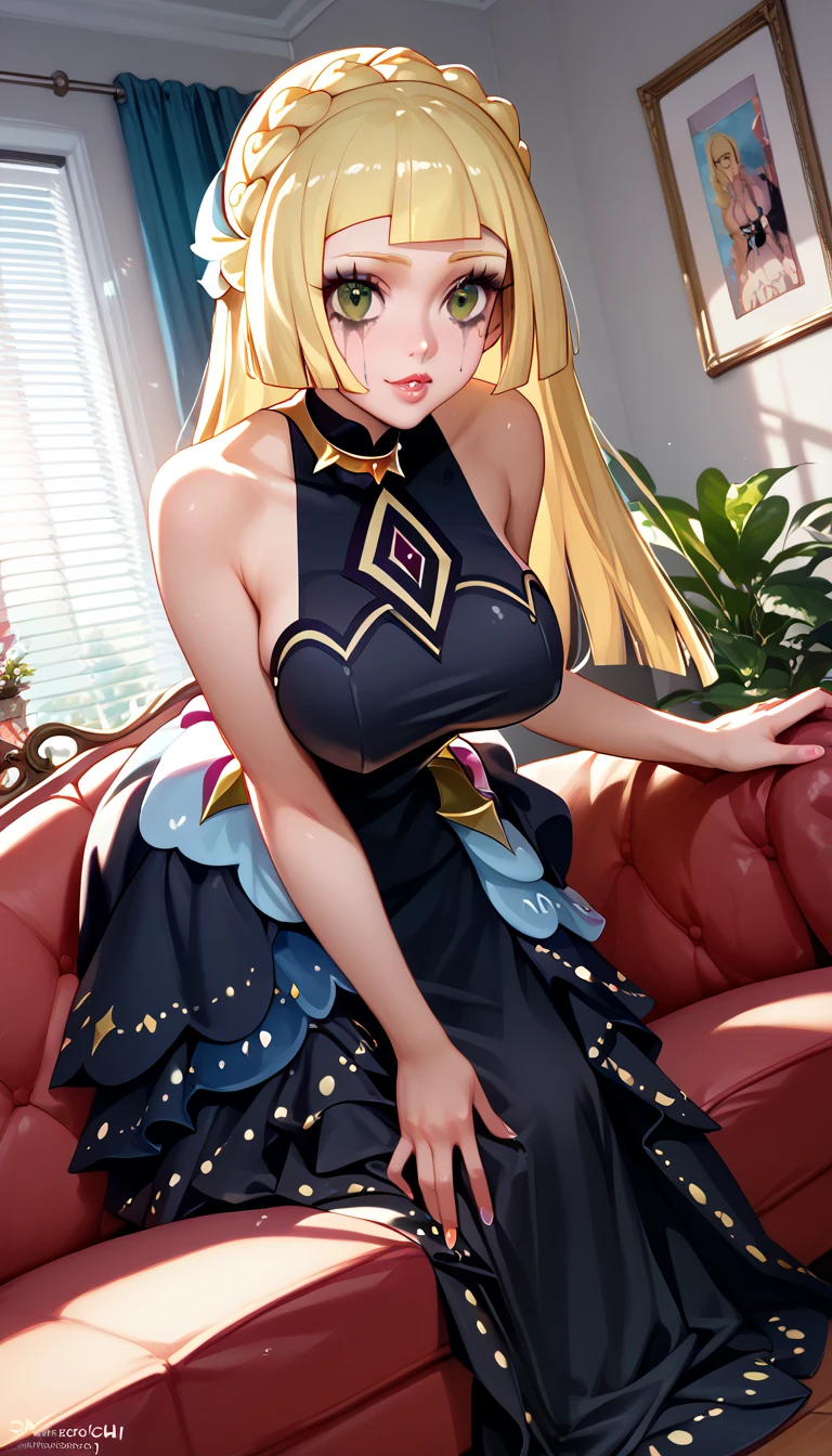 masterpiece, best quality, highly dramatic picture, beautiful eyes, cinematic lens effect, big beautifully shaped breasts,  ((Busty Bitches)), 1lillie , ecchi girl, black dress, bent over couch, whore makeup, in the living room , Dutch angle 