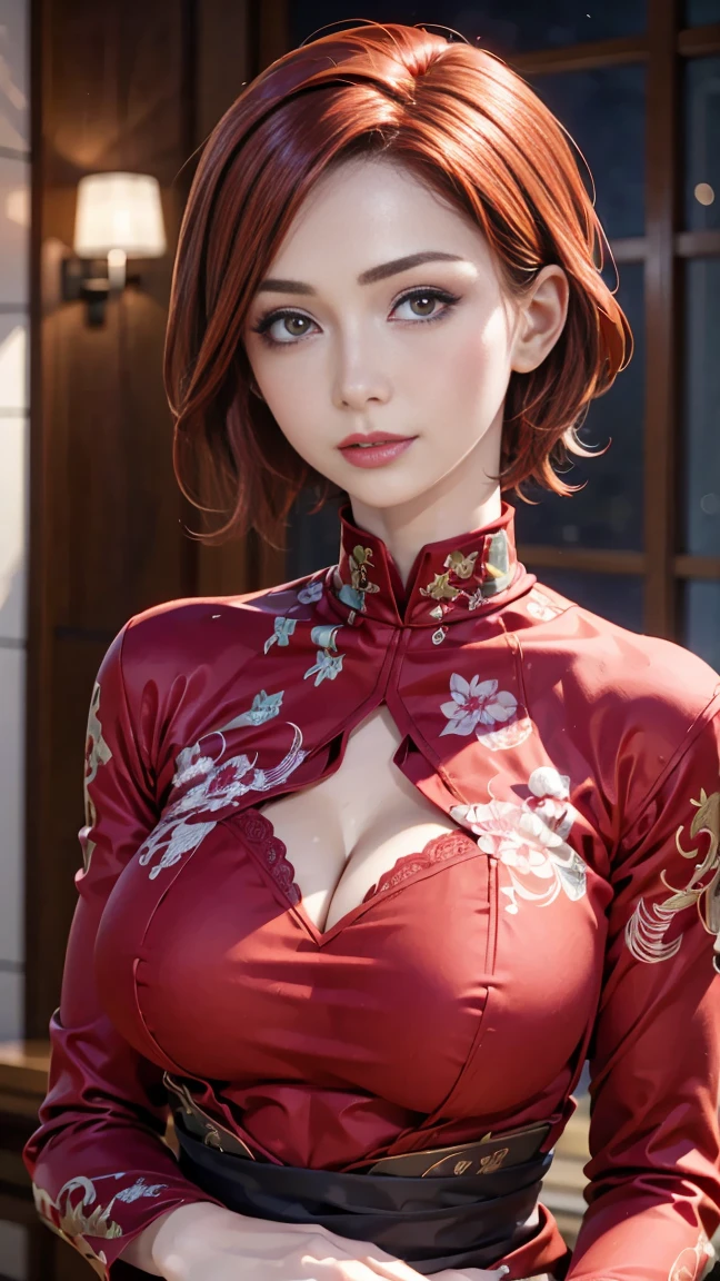 a beautiful girl with pale skin, vibrant red hair, short hair, large eyes, detailed facial features, elegant posture, detailed clothing, intricate background, cinematic lighting, photorealistic, high quality, digital art