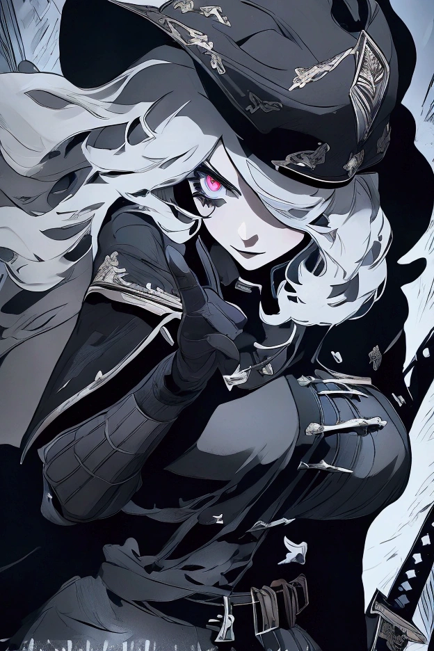 This image is a digital illustration made by MSchiffer with dynamic dark lines in cel-shaded style, showing the spectacular beauty of a young adult woman, who wears military clothing. Holding a large sword, She has grayish white hair, wears a military hat, Violet eyes, She is looking at the viewer. Very low point of view. Tetradic colors.