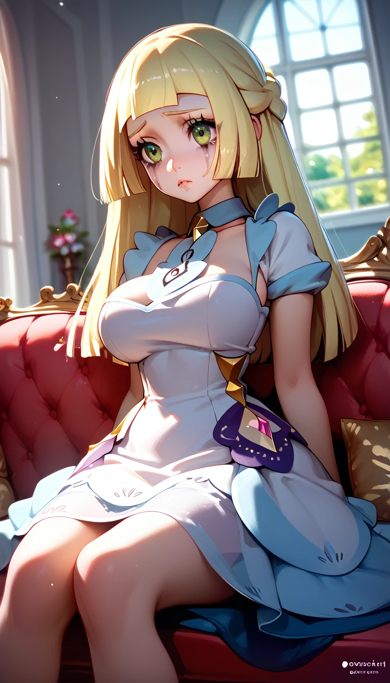 masterpiece, best quality, highly dramatic picture, beautiful eyes, cinematic lens effect, big beautifully shaped breasts,  ((Busty Bitches)), 1lillie , ecchi girl, white dress, sitting on couch, whore makeup, in the living room , Dutch angle , sad 