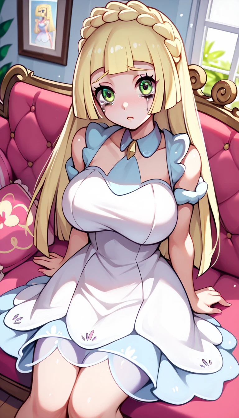 masterpiece, best quality, highly dramatic picture, beautiful eyes, cinematic lens effect, big beautifully shaped breasts,  ((Busty Bitches)), 1lillie , ecchi girl, white dress, sitting on couch, whore makeup, in the living room , Dutch angle , sad 