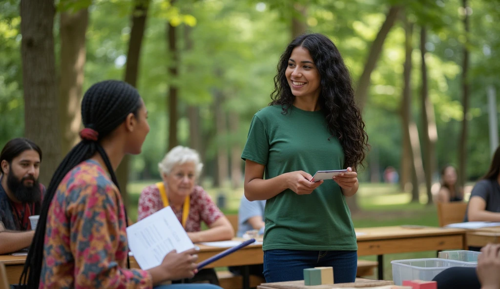  The image shows an outdoor classroom in an urban park ,  where a diverse group of individuals of various ages and backgrounds actively participate in a social education workshop. In the foreground, an educator ,  with black hair and a green t-shirt , He is standing,  smiling and explaining a concept while a young woman with braids and bohemian clothing takes notes with enthusiasm . In the background, an elderly,  dressed in a wool sweater ,  listen carefully together with a  who plays with blocks . It&#39;s daytime,  with soft and clear natural light that creates elongated shadows under the lush trees .  The color palette includes vibrant greens and blues from the natural environment ,  with the warm colors of the participants' clothing , , which highlights the diversity of the group .  The composition is organized in layers :  the educator in the foreground ,  the students in the middle ,  and the wooded park as a background ,  creating depth .  This environment reflects a feeling of community and empowerment ,  where each individual is valued interspersed and its integral development is promoted .