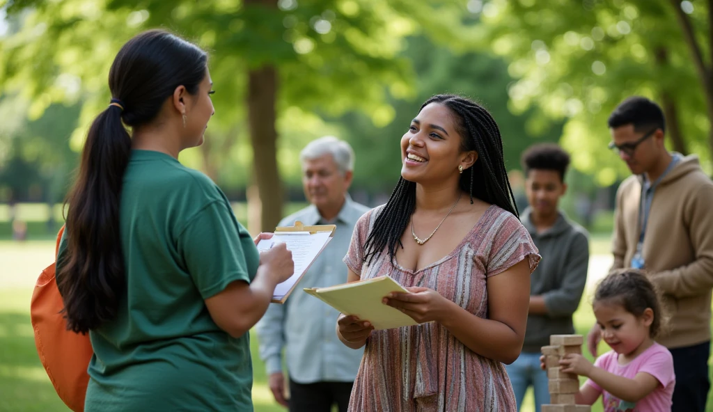  The image shows an outdoor classroom in an urban park ,  where a diverse group of individuals of various ages and backgrounds actively participate in a social education workshop. In the foreground, an educator ,  with black hair and a green t-shirt , He is standing,  smiling and explaining a concept while a young woman with braids and bohemian clothing takes notes with enthusiasm . In the background, an elderly,  dressed in a wool sweater ,  listen carefully together with a  who plays with blocks . It&#39;s daytime,  with soft and clear natural light that creates elongated shadows under the lush trees .  The color palette includes vibrant greens and blues from the natural environment ,  with the warm colors of the participants' clothing , , which highlights the diversity of the group .  The composition is organized in layers :  the educator in the foreground ,  the students in the middle ,  and the wooded park as a background ,  creating depth .  This environment reflects a feeling of community and empowerment ,  where each individual is valued interspersed and its integral development is promoted .