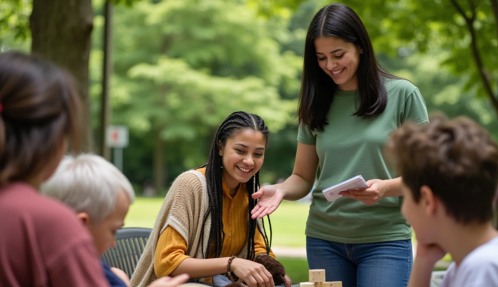  The image shows an outdoor classroom in an urban park ,  where a diverse group of individuals of various ages and backgrounds actively participate in a social education workshop. In the foreground, an educator ,  with black hair and a green t-shirt , He is standing,  smiling and explaining a concept while a young woman with braids and bohemian clothing takes notes with enthusiasm . In the background, an elderly,  dressed in a wool sweater ,  listen carefully together with a  who plays with blocks . It&#39;s daytime,  with soft and clear natural light that creates elongated shadows under the lush trees .  The color palette includes vibrant greens and blues from the natural environment ,  with the warm colors of the participants' clothing , , which highlights the diversity of the group .  The composition is organized in layers :  the educator in the foreground ,  the students in the middle ,  and the wooded park as a background ,  creating depth .  This environment reflects a feeling of community and empowerment ,  where each individual is valued interspersed and its integral development is promoted .