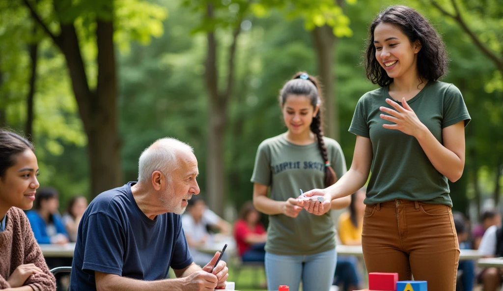  The image shows an outdoor classroom in an urban park ,  where a diverse group of individuals of various ages and backgrounds actively participate in a social education workshop. In the foreground, an educator ,  with black hair and a green t-shirt , He is standing,  smiling and explaining a concept while a young woman with braids and bohemian clothing takes notes with enthusiasm . In the background, an elderly,  dressed in a wool sweater ,  listen carefully together with a  who plays with blocks . It&#39;s daytime,  with soft and clear natural light that creates elongated shadows under the lush trees .  The color palette includes vibrant greens and blues from the natural environment ,  with the warm colors of the participants' clothing , , which highlights the diversity of the group .  The composition is organized in layers :  the educator in the foreground ,  the students in the middle ,  and the wooded park as a background ,  creating depth .  This environment reflects a feeling of community and empowerment ,  where each individual is valued interspersed and its integral development is promoted .