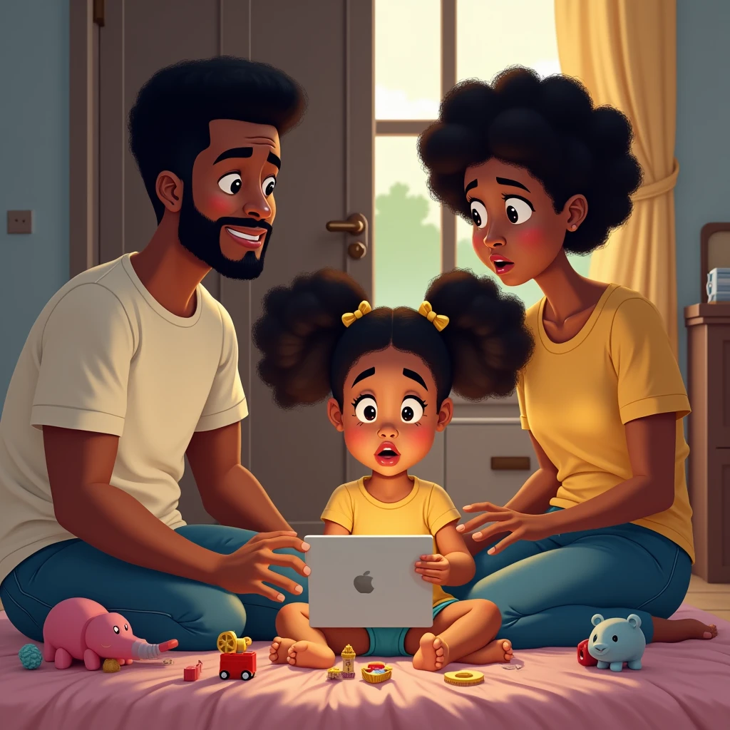 Realismo ao máximo estilo disney mulher brown color, blonde, curly hair Wearing Pink Glasses, clear green eyes, blue dress. Light white man, wearing brown shorts, wearing no shirt, Wearing blue glasses, curly hair, the two lying on a bed with a flowery bedspread, reading book and using cell phone. Young child, brown color, curly hair preto, Wearing Pink Glasses, drawing and painting with various pencils.