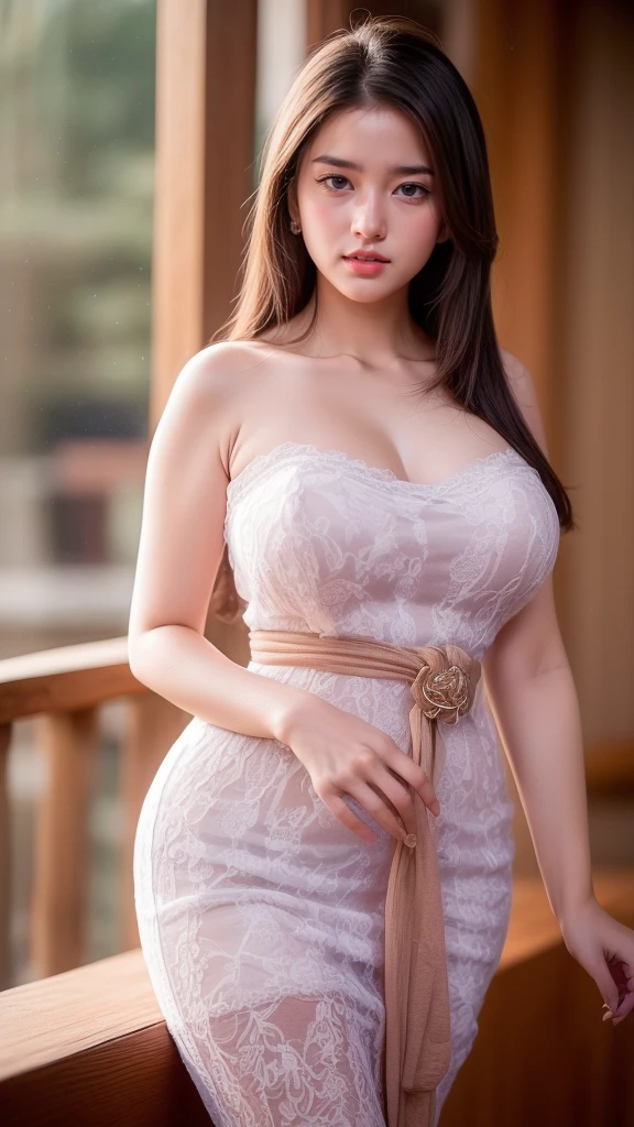 (A voluptuous, curvy woman poses for a picture. Photo realistic of beautiful Asian. mix4, (8k, RAW photo, best quality, masterpiece:1.2), (realistic, photo-realistic:1.37), 1girl, cute, indonesian clothes, bali, balinese, cityscape, kebaya_bali, night, rain, wet, professional lighting, photon mapping, radiosity, Physically-based rendering, gradient brunette hair, long black hair, handsome, girly, white ball set, natural breasts, superb picture quality, high resolution, 1080p, (clear face), (detailed face description), (detailed hand description), (masterpiece), (exquisite CG), extreme light and shadow, messy hair, masterpiece, rich detail, (exquisite facial features), (highest image quality), (masterpiece), (detailed eyes), look forward to your eyes, delicate collarbone, kebaya_bali, taniaayusiregar