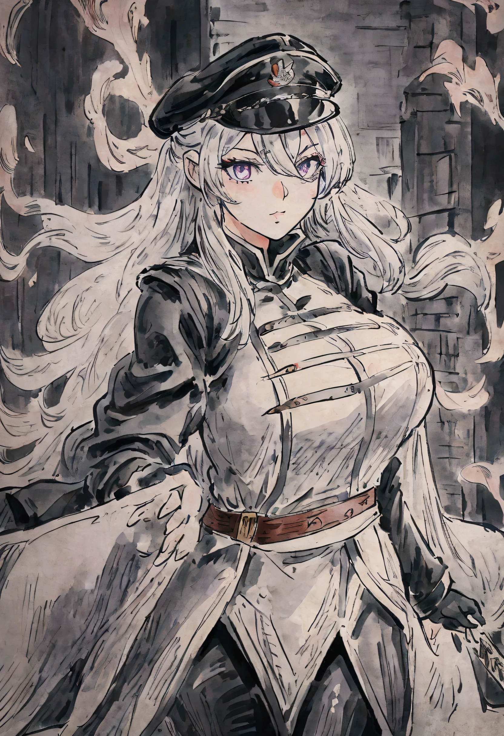 This image is a digital illustration made by MSchiffer with dynamic dark lines in cel-shaded style, showing the spectacular beauty of a young adult woman, who wears military clothing. Holding a large sword, She has grayish white hair, wears a military hat, Violet eyes, She is looking at the viewer. Very low point of view. Tetradic colors.