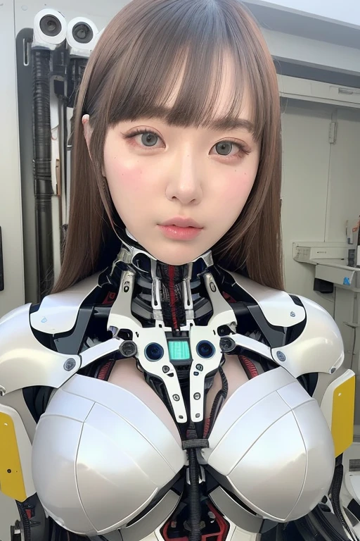 masterpiece, best quality, extremely detailed,portrait,upper body,front view,Japaese android girl,Plump, control panels,android,Droid,Mechanical Hand, Robot arms and legs,Blunt bangs,long tube,thick cable connected her neck,