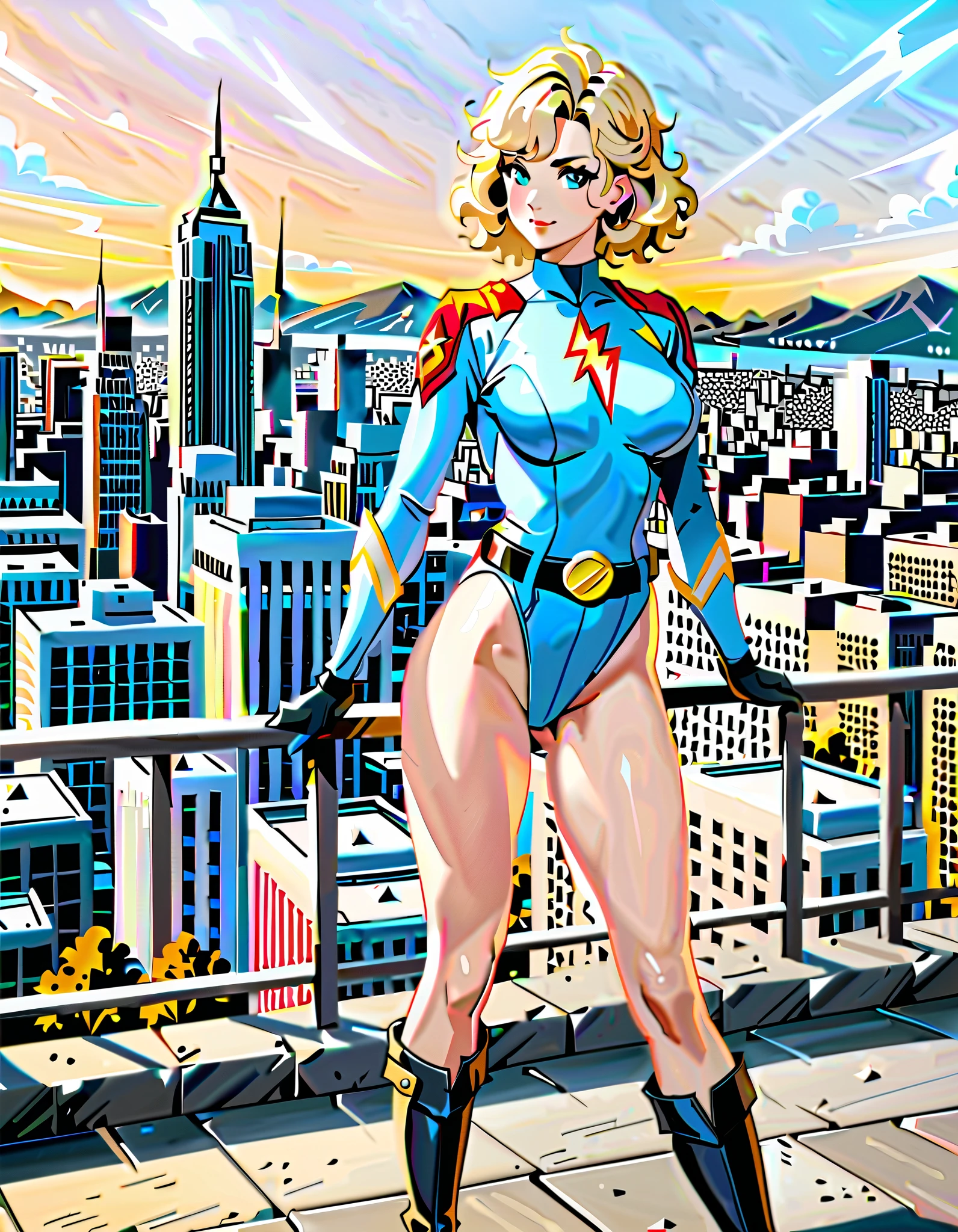 masterpiece, best quality, hires, 1girl, medium breasts, ((leotard, light blue leotard)), long sleeves, (lighting bolt emblem on chest), (bare legs), (fastened tight belt), boots, matching boots, gloves, city backdrop, solo, single, standing, rear view, full body shot, cowboy shot, superhero, beautiful detailed eyes, beautiful detailed face, blonde hair, (short hair), wavy hair, high school backdrop, outdoors, mature lady, teacher, perfect body
