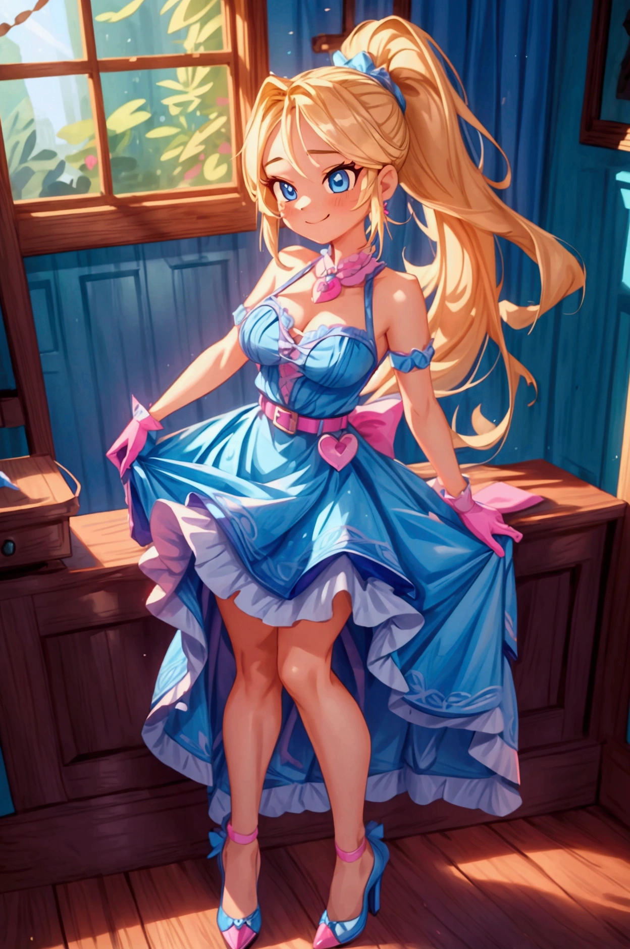 Masterpiece, best quality, 1 girl, 40 years, blonde long hair, ponytail in hair, blue eyes, standing indoors with intricate details and sunlight. Blue frilled dress with short neckline, pink gloves, pink belt, earrings, blue heels. Sexy smiling, sexy pose, coquette, beautiful long legs, mature girl, gorgeous body, pronounced breasts.