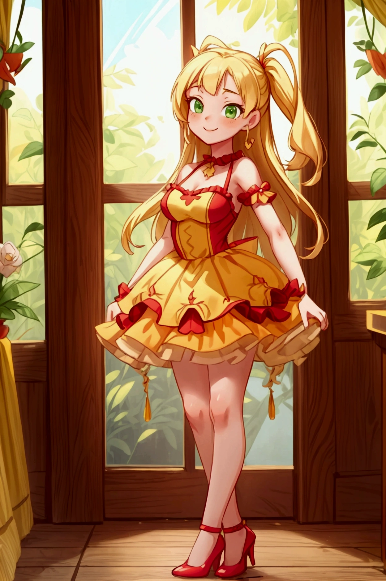 (Masterpiece, best quality) 1 girl, standing indoors with intricate details and sunlight, red and yellow frilled dress with short neckline, red heels, blonde long hair, green eyes, sexy smile, sexy pose, coquette, beautiful long legs, mature **** girl, gorgeous body, pronounced breasts.