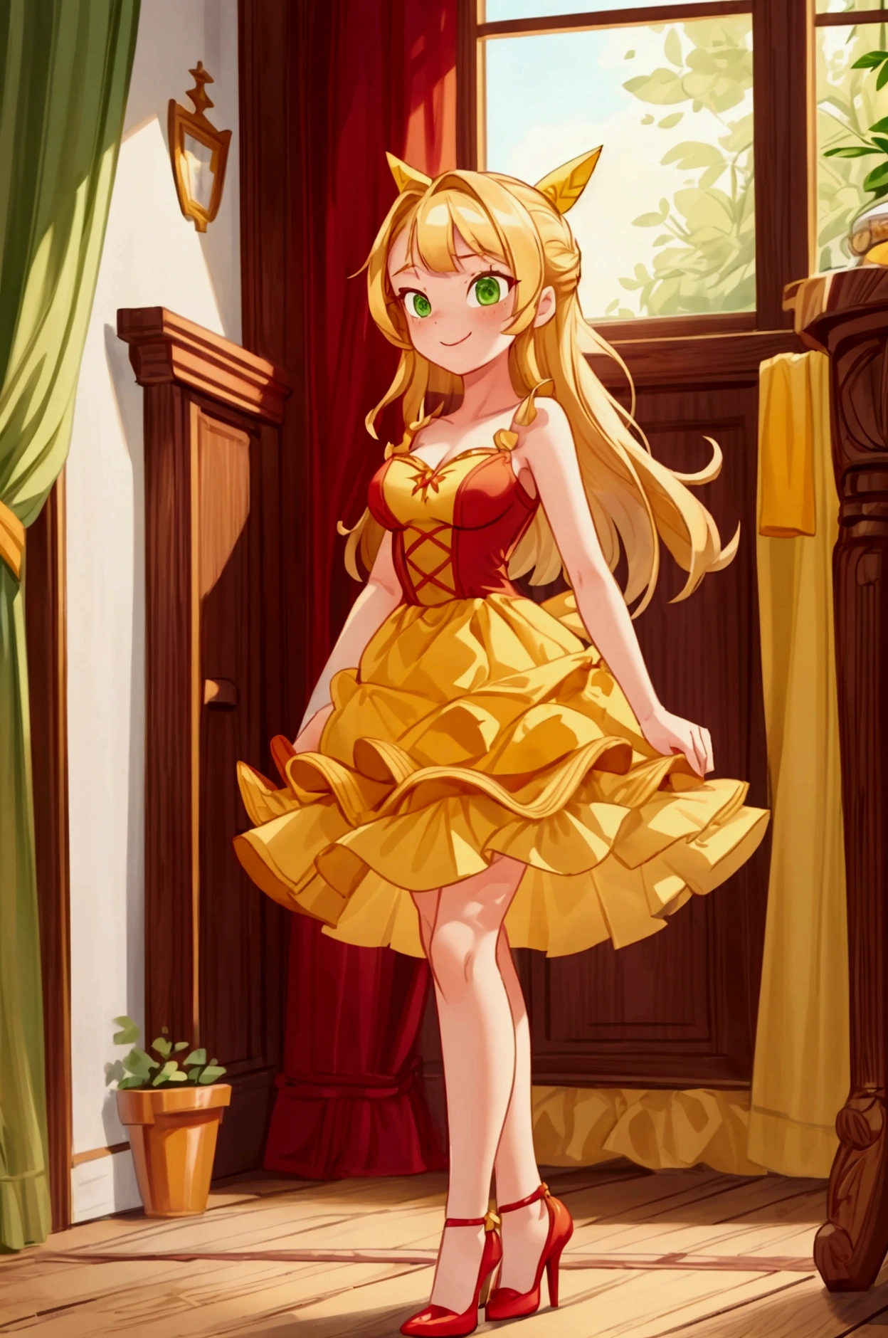 (Masterpiece, best quality) 1 girl, standing indoors with intricate details and sunlight, red and yellow frilled dress with short neckline, red heels, blonde long hair, green eyes, sexy smile, sexy pose, coquette, beautiful long legs, mature  girl, gorgeous body, pronounced breasts.