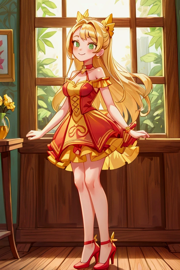 (Masterpiece, best quality) 1 girl, standing indoors with intricate details and sunlight, red and yellow frilled dress with short neckline, red heels, blonde long hair, green eyes, sexy smile, sexy pose, coquette, beautiful long legs, mature teen girl, gorgeous body, pronounced breasts.