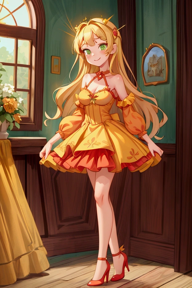 (Masterpiece, best quality) 1 girl, standing indoors with intricate details and sunlight, red and yellow frilled dress with short neckline, red heels, blonde long hair, green eyes, sexy smile, sexy pose, coquette, beautiful long legs, mature teen girl, gorgeous body, pronounced breasts.