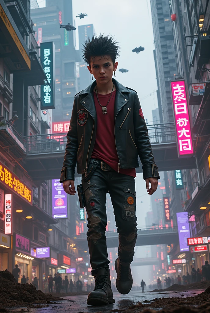 Cyberpunk City with teenage boy Character (boy asian), masutepiece, (Best Quality:1.4), realisitic, Highly Detailed CG Unified 8k Wallpaper, ighly Details, High Definition RAW Color Photography,