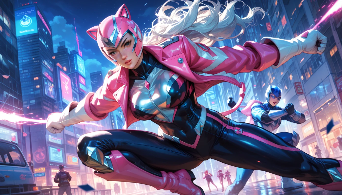 masutepiece, Super Detail, Best Quality, hight resolution, ((Anatomically correct)), power ranger, one girls, (Very shiny pink helmet and suit), Outerwear as much as a miniskirt, fighting poses, ((Big city at night in the background))