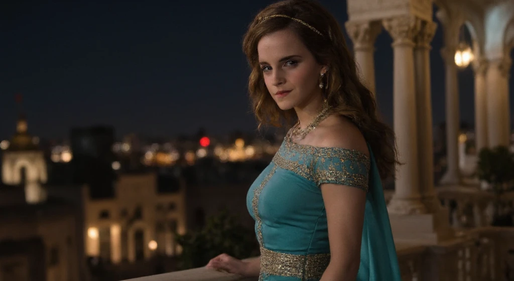 cinematic photo a Emma Watson standing on a balcony at night. The layout is centered, with the subject positioned slightly to the right, allowing a view of a cityscape illuminated by warm, ambient lights in the background. The woman has long, wavy brown hair and fair skin, adorned with intricate gold jewelry, including a headpiece and large earrings. She wears a flowing, teal gown with gold embroidery, which complements the ornate, golden architectural elements around her. The night sky is clear, dotted with stars, adding a serene and magical atmosphere to the scene. The lighting highlights her facial features, creating a soft, elegant look. The overall composition conveys a sense of elegance and mystery, reminiscent of a historical or fantasy setting.