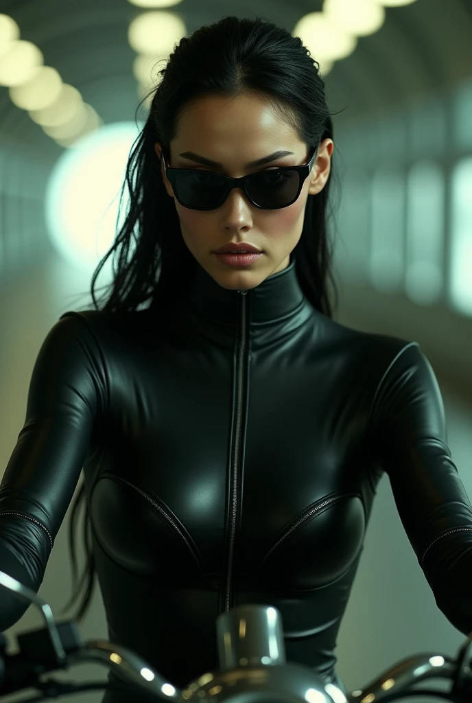matrix trinity,((masterpiece, Best Quality, High resolution, 32K HDR)), (Perfect portrait of trinity00:1.15), (black body suit:1.1, realistic Trinity sunglasses:1.1), Ultra detailed eyes, hyper derailed face, Detailed mouth, Detailed skin texture, (Atmospheric lighting), Shot with Aricum LT camera, (realistic driving the bike:1.2, on the highway:1.1, Huge breasts:1.15),