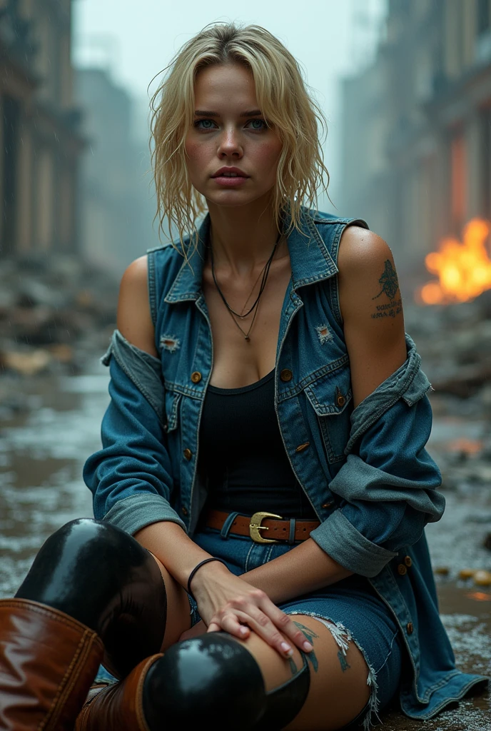Realistic photo, post apocalypse, Gorgeous blonde, short haircut, athletic body, fit body, old leather jacket, black t-shirt, cleavage, torn army pants, posing, looking at viewer, post apocalyptic landscape, dark atmosphere, dark lighting, high detail, high detail  faces,