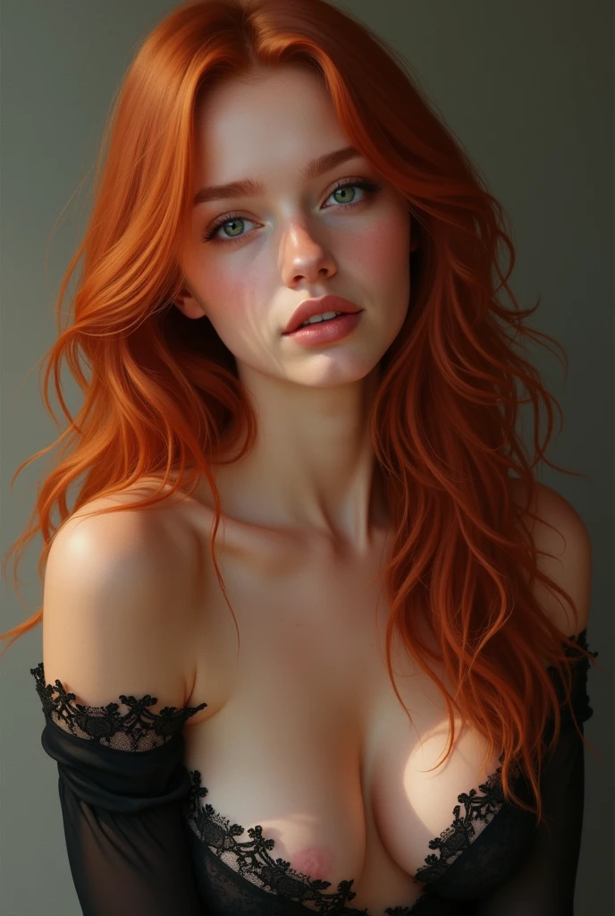 FACE SHOT OF BEAUTIFUL BOMBSHELL RED HAIR WOMAN, LONG RED HAIR, VERY PALE SKIN, YELLOW EYES, EXPRESSIVE YELLOW EYES, ENIGMATIC FACE EXPRESSION,SHY SMILE, GORGEOUS LIPS, ROSY CHEEKS, HIGH CHEEKBONES, MENTAL FORAMEN, VOLUMOUS BREASTS, STRAPLESS CLEAVAGE, WHITE STRAPLESS, ELEGANT CURVY BODY, FRONTAL ANGLE SHOT, DARK BACKGROUND, DIFUSED LIGHTS, YELLOW BACK LIGHTS, MASTERPIECE