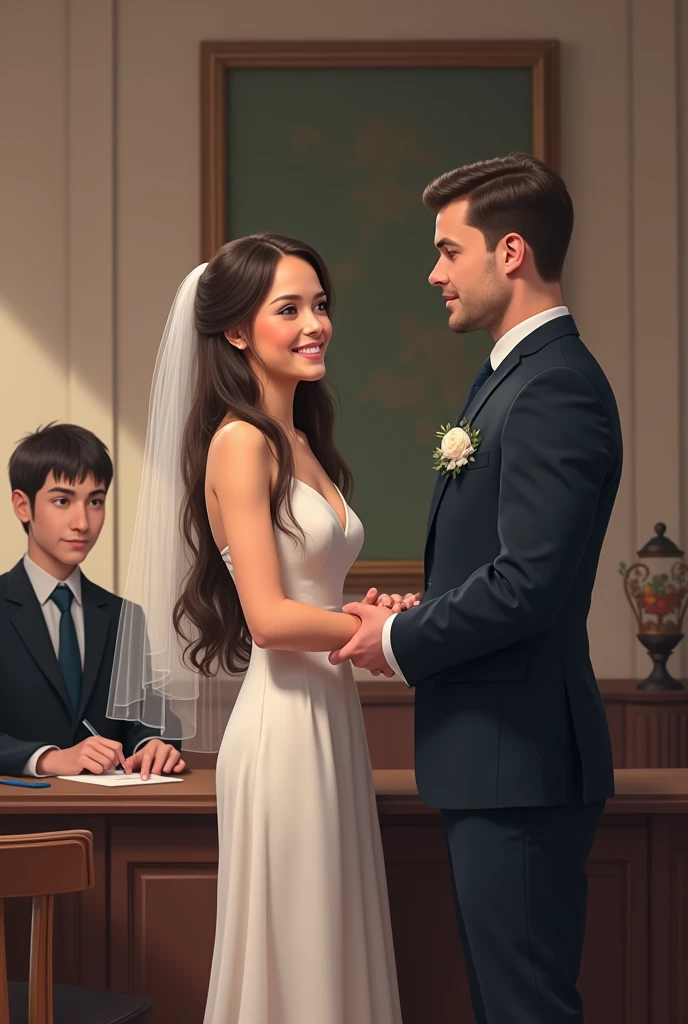 (A man) holds a bouquet of flowers and proposes marriage half-kneeling, and a woman (standing) with a serious expression