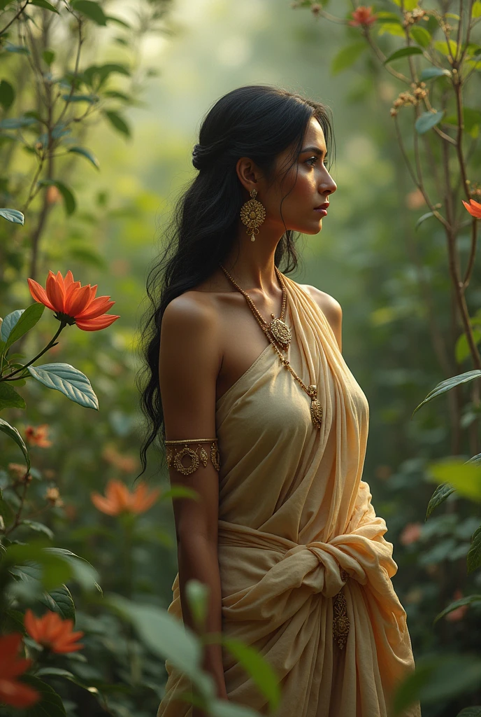 beautiful indian woman art picture sitting on rock in farest, wearing traditional half saree no expose dress fully, long curly hair, soft lighting, plants in background, with sunlight, relaxed pose