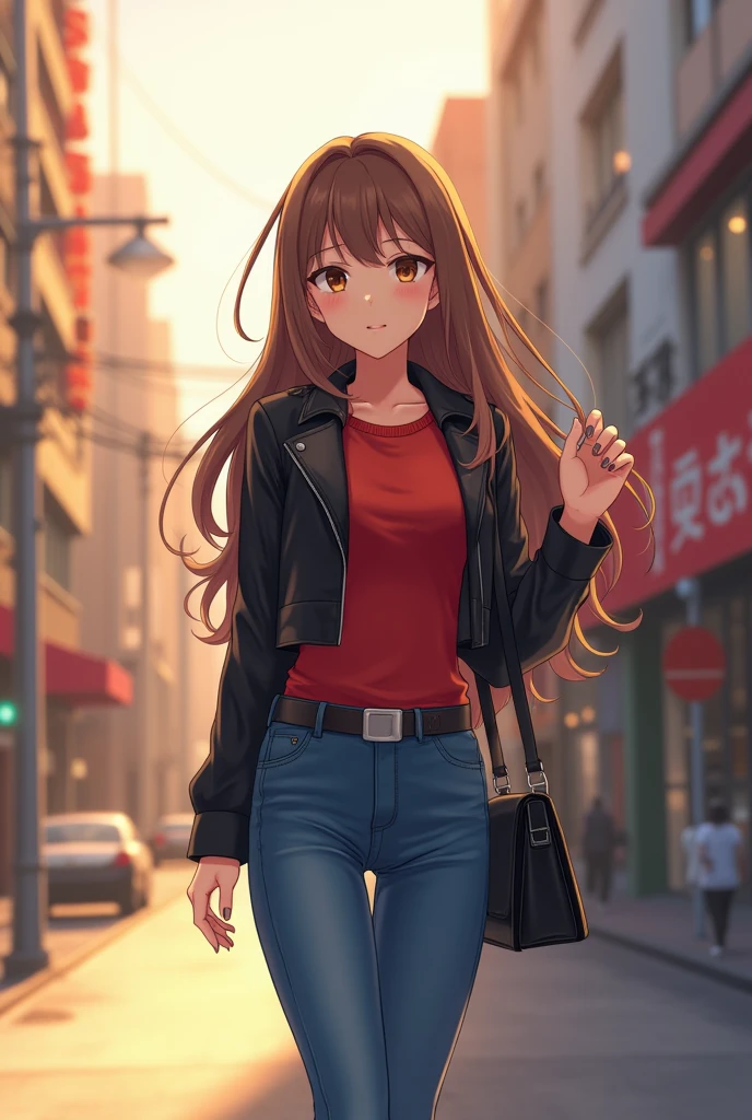 (masterpiece、Highest quality、Highest quality、Official Art、Beautiful and beautiful:1.2)、(One girl:1.3)Hatsune Miku、Twin tails,Beautiful breasts, photograph, Ultra-realistic, Extremely detailed, masterpiece, Highest quality, Perfect Skin,Day焼け肌, One girl, alyxvance,Day, Are standing, Leaning against a wall, Dutch Angle,Modern city, jeans, leather jacket,Long sleeve, Brown eyes,smile, Happy, Portraiture, Upper Body, Brown lipstick,Shiny Hair, Handbag