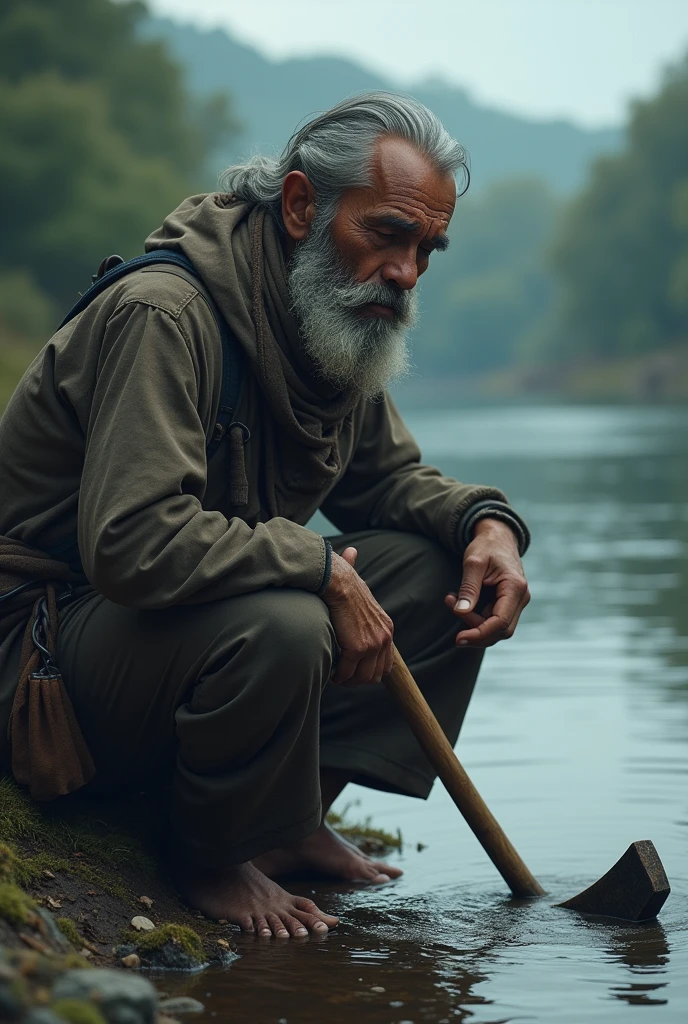 Bearded man on desert island in wooden tent in rain