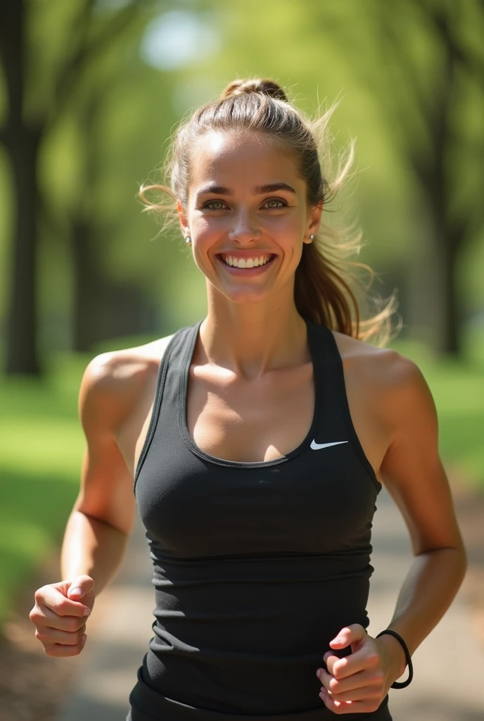 21 year old girl running in suburbs, female runner, sports, skinny, slim, abs, sports bra, leggings, running shoes, headphoenes, rachel cook, happy face, necklace, long blonde hair
