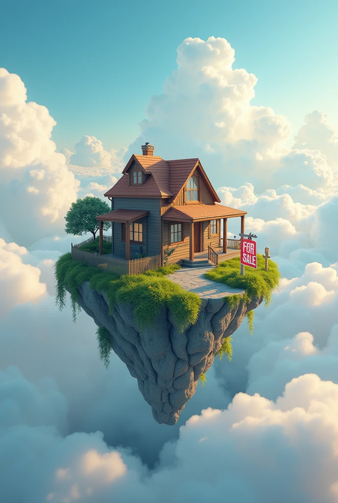 A house on a plot above clouds with a sign for sale in white and red 
