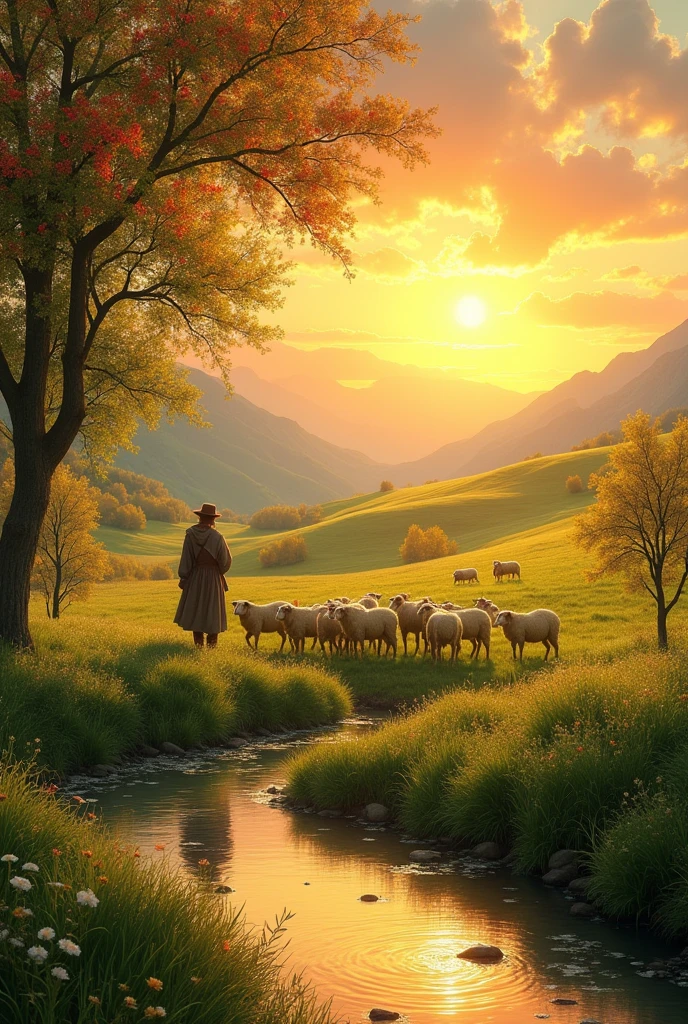 (Golden hour, serene, harmonious landscape inspired by classic art), a breathtaking pastoral scene at golden hour, capturing the tranquility of a vast, lush green meadow where a shepherd gracefully guides a flock of sheep toward a shimmering, crystal-clear brook. In the distance, rolling hills blend seamlessly into majestic mountains, creating a peaceful horizon bathed in the warm hues of a glowing orange sky. The foreground is adorned with blooming fruit trees, their branches heavy with vibrant flowers, filtering the soft, golden sunlight that dapples the ground below. Gentle ripples in the brook mirror the fiery colors of the sunset, adding depth and movement to the serene composition. The scene is imbued with the essence of classic art, rendered in a style reminiscent of romanticism, with impressionistic brushstrokes adding texture and emotion. Rich details and a soft focus enhance the idyllic atmosphere, while the radiant golden light ties the elements together in perfect harmony. | classic art style | romanticism | impressionistic brushstrokes | rich detail | soft focus | golden light.